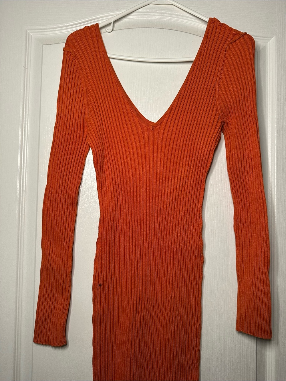 Fashion Nova Orange Ribbed V-Neck Long Sleeve Sweater Dress